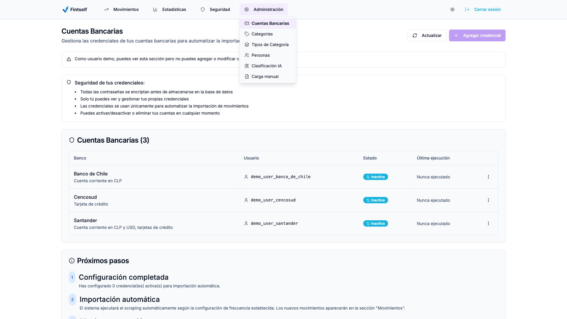 Página de gestión de cuentas bancarias en Fintself